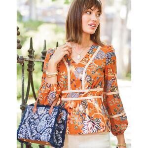 Spartina 449 Marcelle Blouse Floral Tree of Life Tomato Orange Size Medium Top
